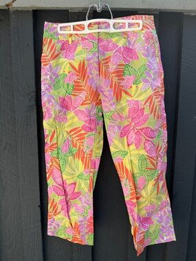 Vintage Lilly Pulitzer Bright Tropical Floral Crop Pants - Pink & Lime Print EUC